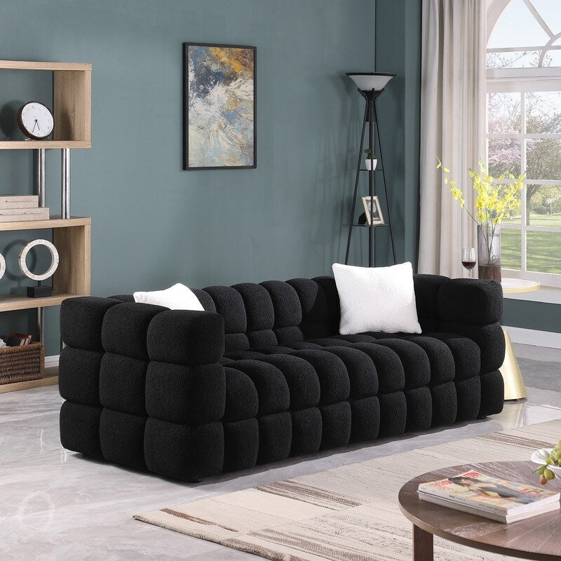 84.3 Luxurious Large Boucle Sofa 3 Seater Marshmallow Upholstered Sofa with 2pc Square Accent Pillows and Square Arm