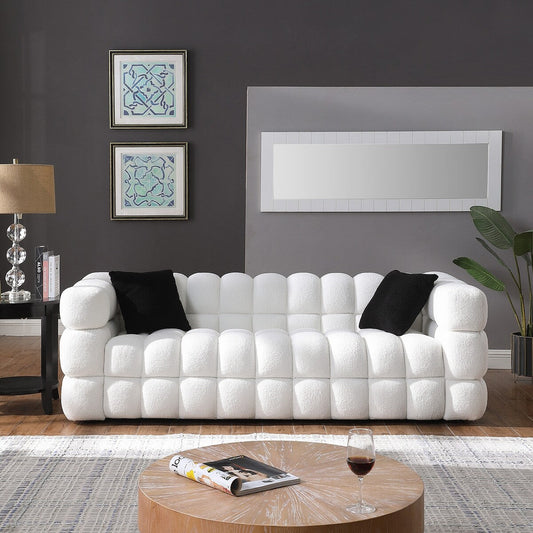 84.3 Luxurious Large Boucle Sofa 3 Seater Marshmallow Upholstered Sofa with 2pc Square Accent Pillows and Square Arm