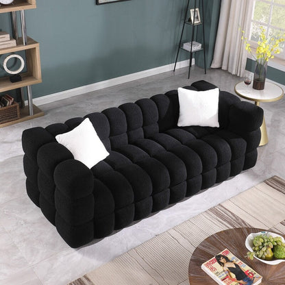 84.3 Luxurious Large Boucle Sofa 3 Seater Marshmallow Upholstered Sofa with 2pc Square Accent Pillows and Square Arm