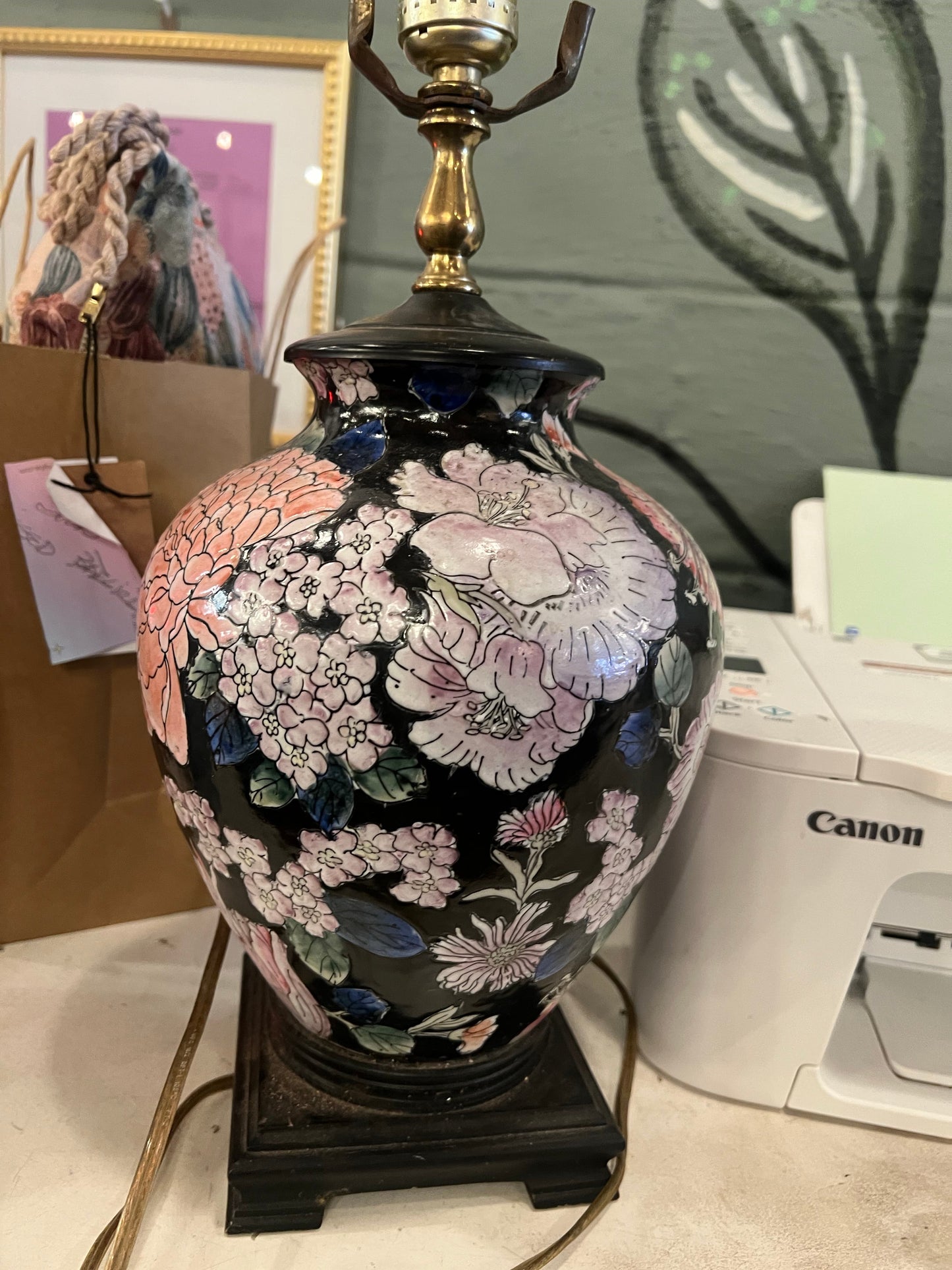 Vintage Black Floral Ginger Jar Lamp - wood