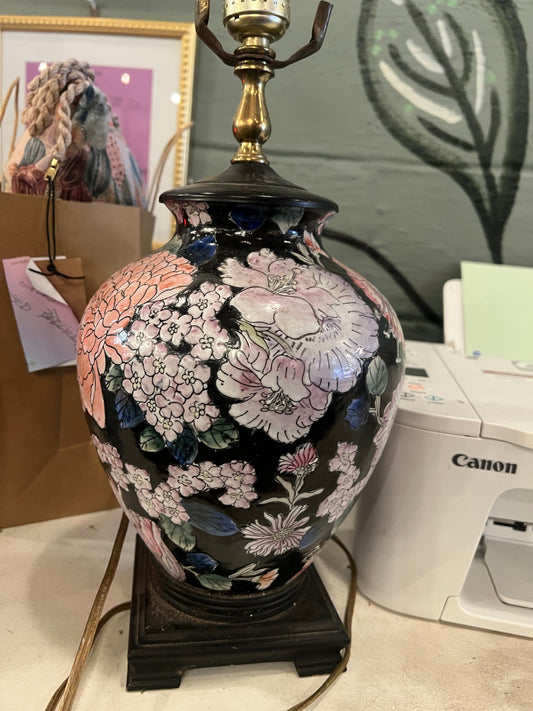 Vintage Black Floral Ginger Jar Lamp - wood