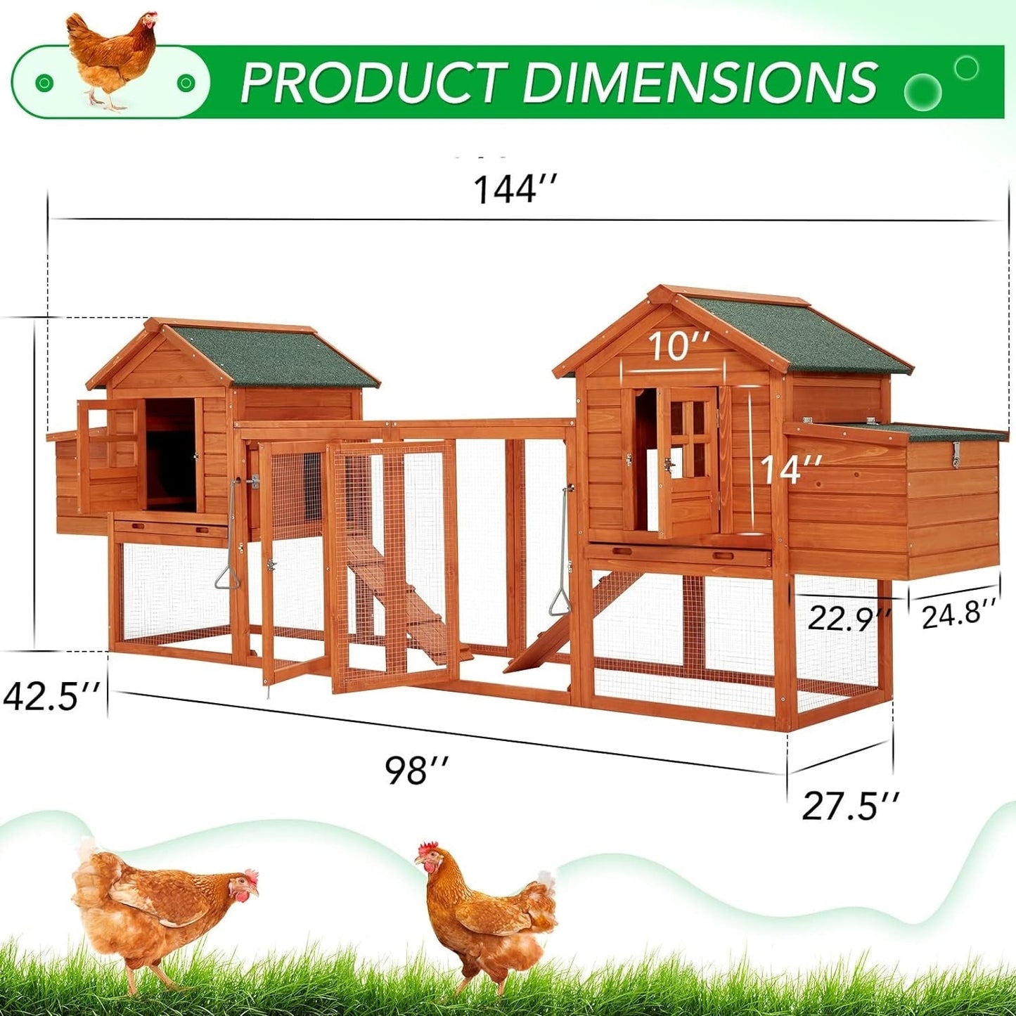 AECOJOY 144'' Large Chicken Coop w/ Run Wooden Hutch Poultry Cage House