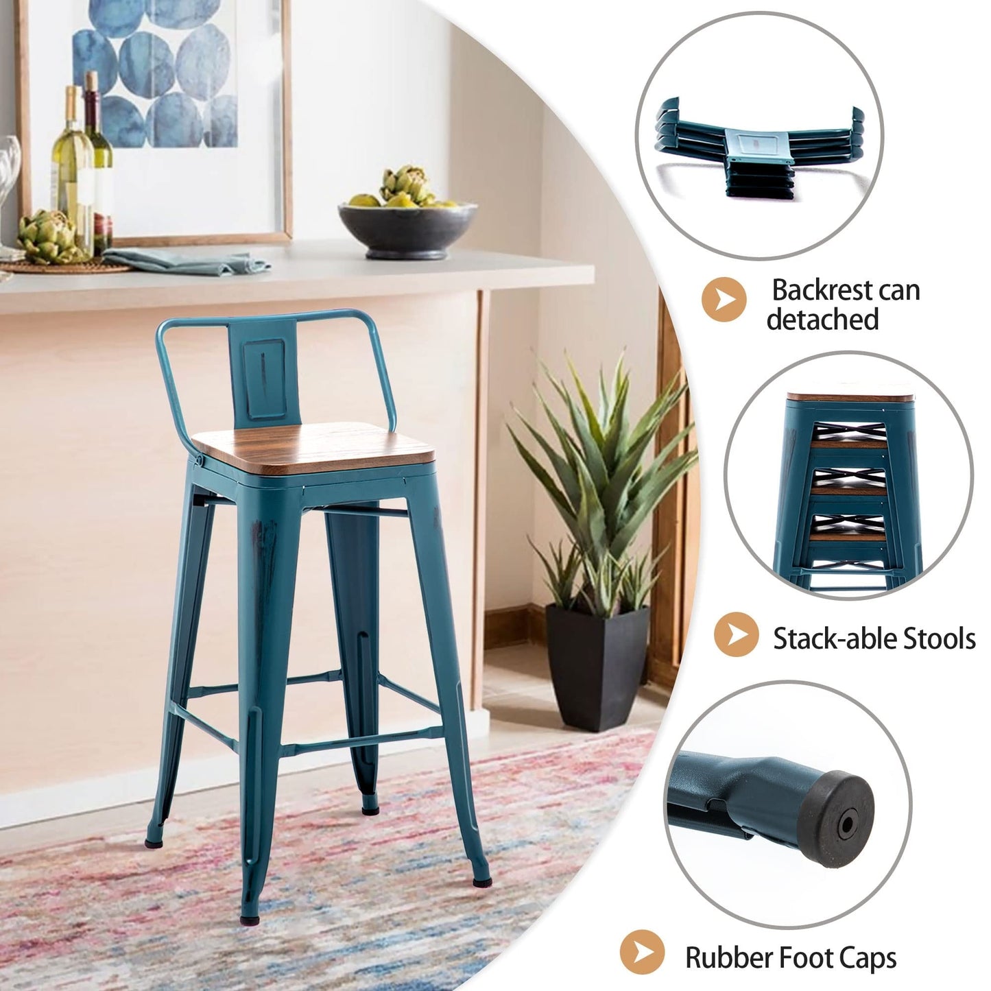 Bar Stools With Back set of 4 Industrial Metal Barstools with Wooden Seats