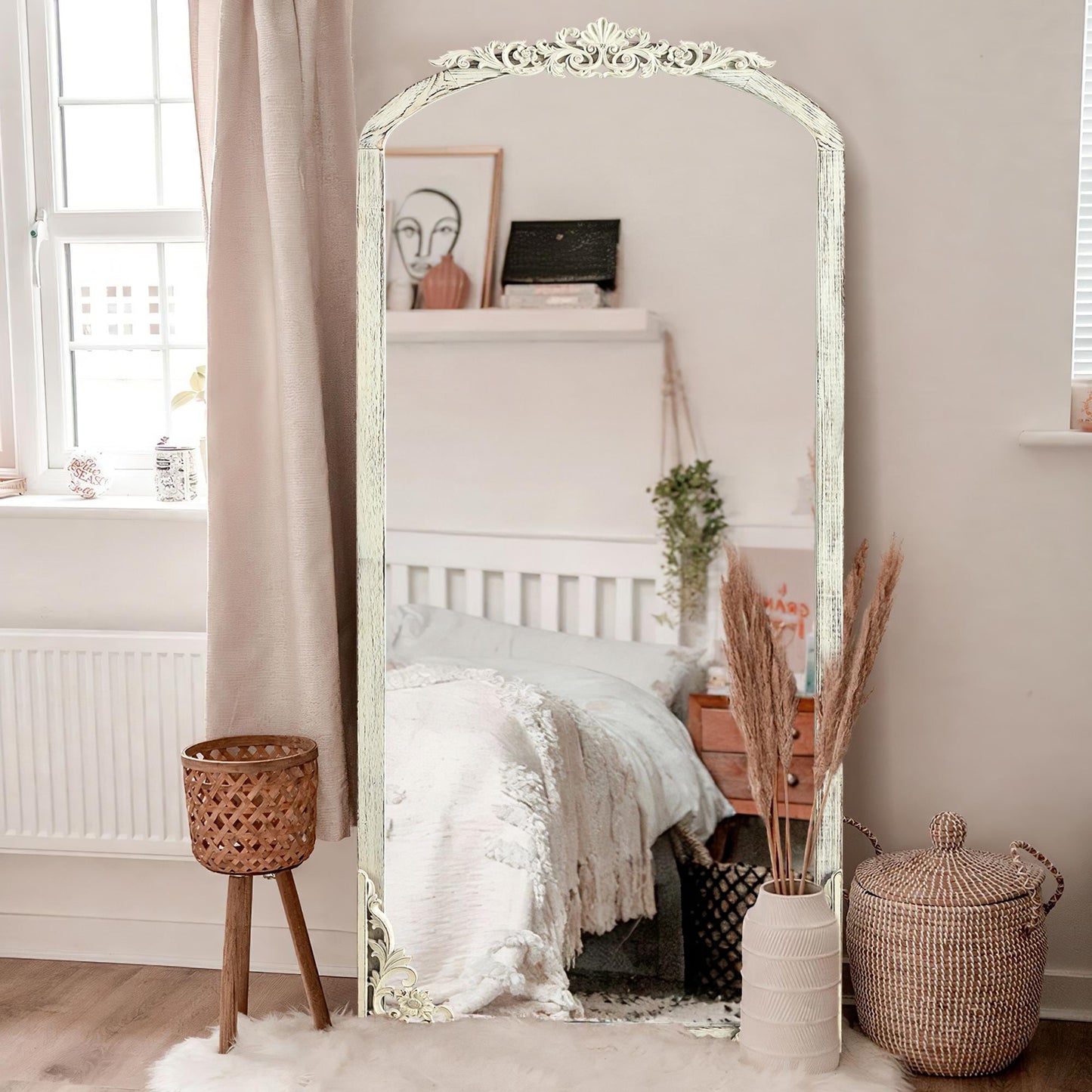 Arched Full-Length Solid Wood Carving Floor Mirror