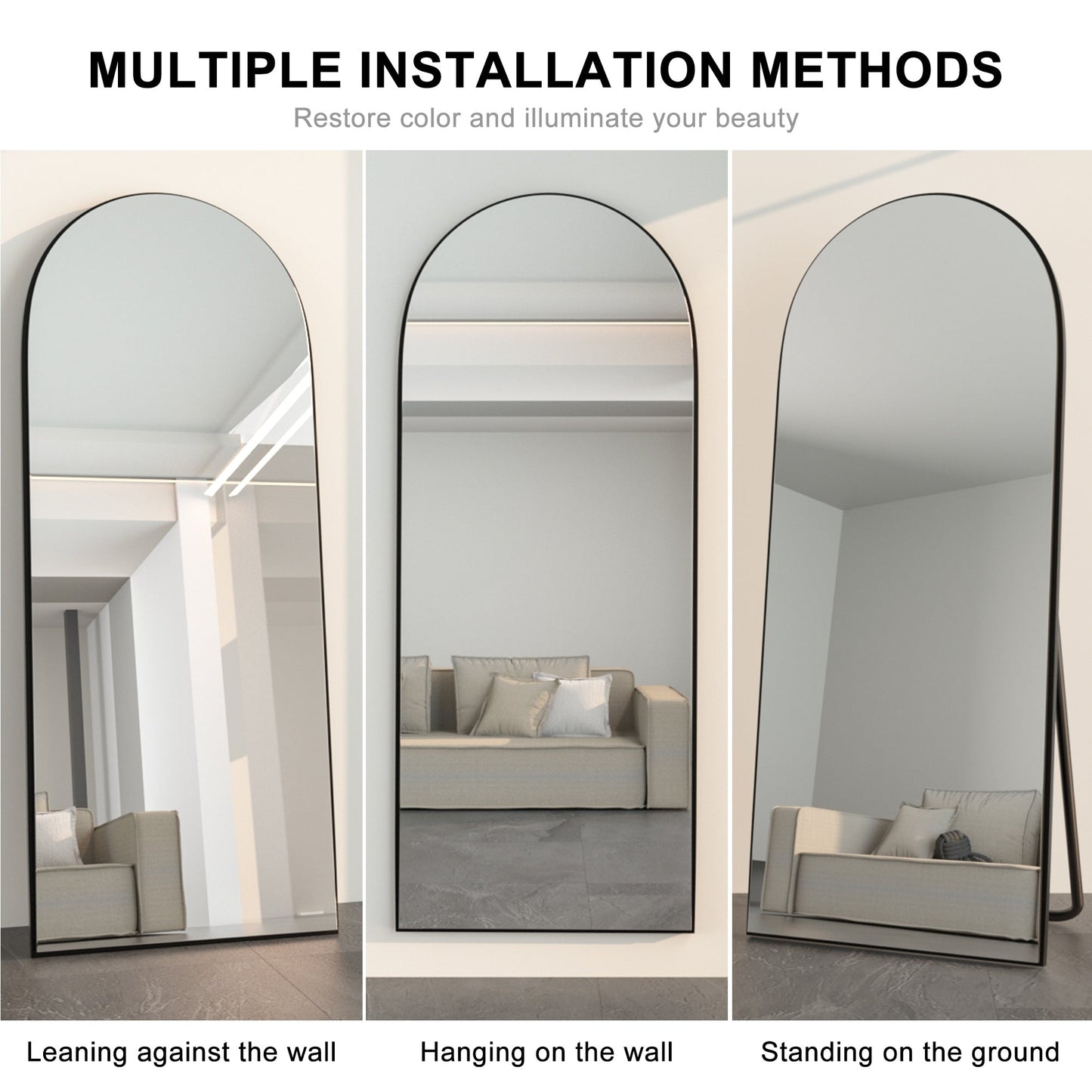 Arched Full-Length Standing Wood Floor Mirror, Wall Mirror