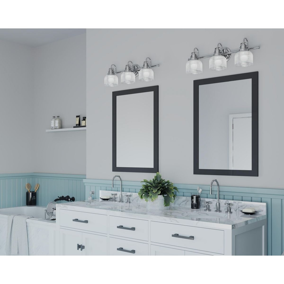 Archie Collection Three-Light Polished Chrome Clear Double Prismatic Glass Coastal Bath Vanity Light - 8.75 x 26.25 x 7.25