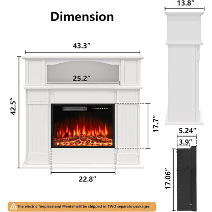 BOSSIN 43 Electric Fireplace with Mantel, 23 inch Electric Fireplace Insert,Freestanding TV Stand with Fireplace Wooden Firebox