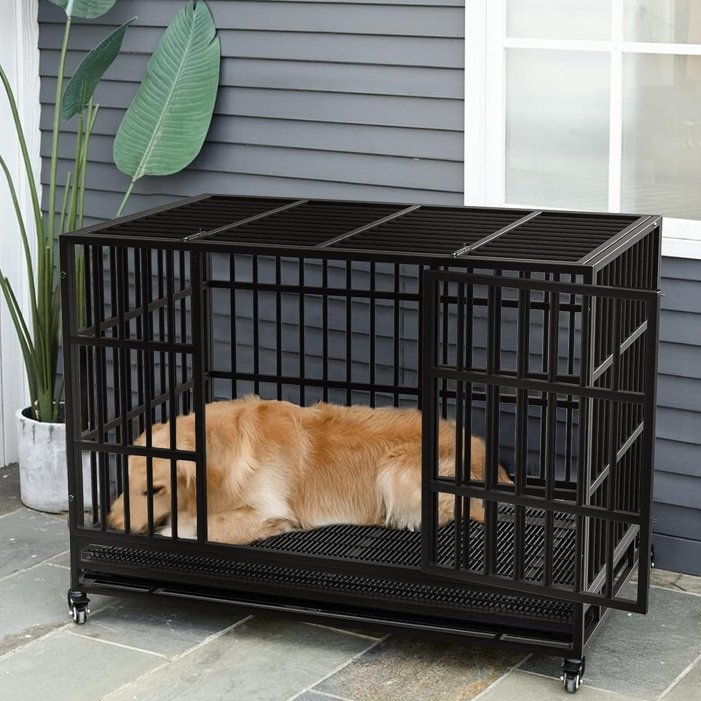 BOSSIN 48/38 inch Heavy Duty Indestructible Dog Crate, Escape Proof Dog Cage Kennel with Lockable Wheels