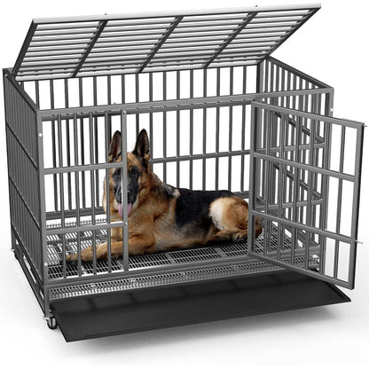 BOSSIN 48/38 inch Heavy Duty Indestructible Dog Crate, Escape Proof Dog Cage Kennel with Lockable Wheels
