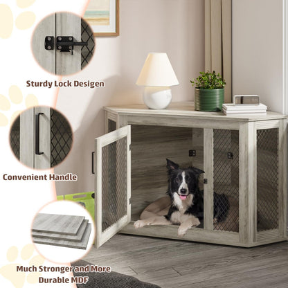 BOSSIN Corner Dog Crate Furniture,44/52 inch Wooden Dog Kennel Furniture with Mesh,Decorative Wood Dog House for Indoor use
