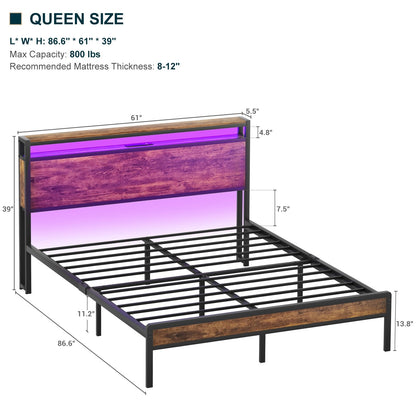 Farmhouse Wood Platform Bed Frame with Charged Station and LED Lights