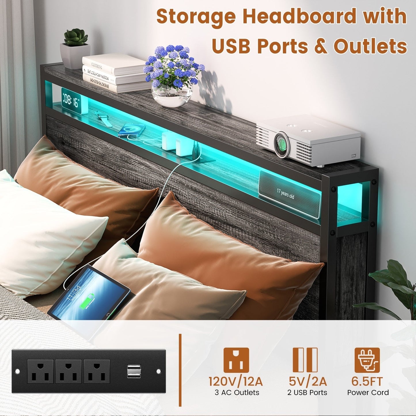 Farmhouse Wood Platform Bed Frame with Charged Station and LED Lights