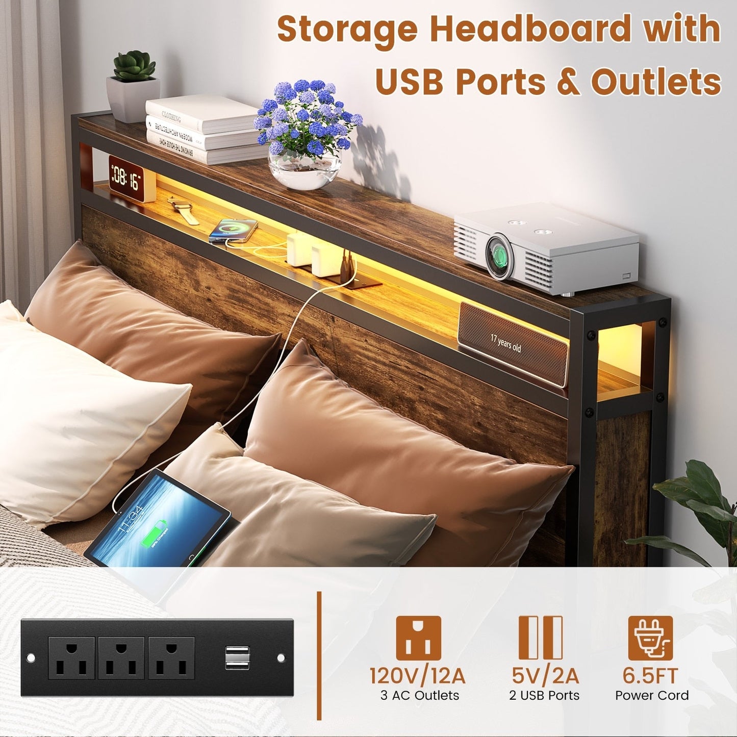 Farmhouse Wood Platform Bed Frame with Charged Station and LED Lights