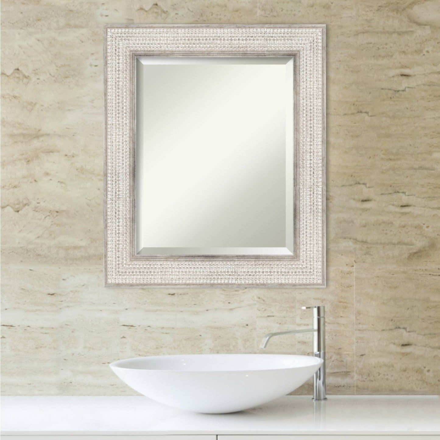 Beveled Wood Bathroom Wall Mirror - Trellis Silver Frame - Trellis Silver
