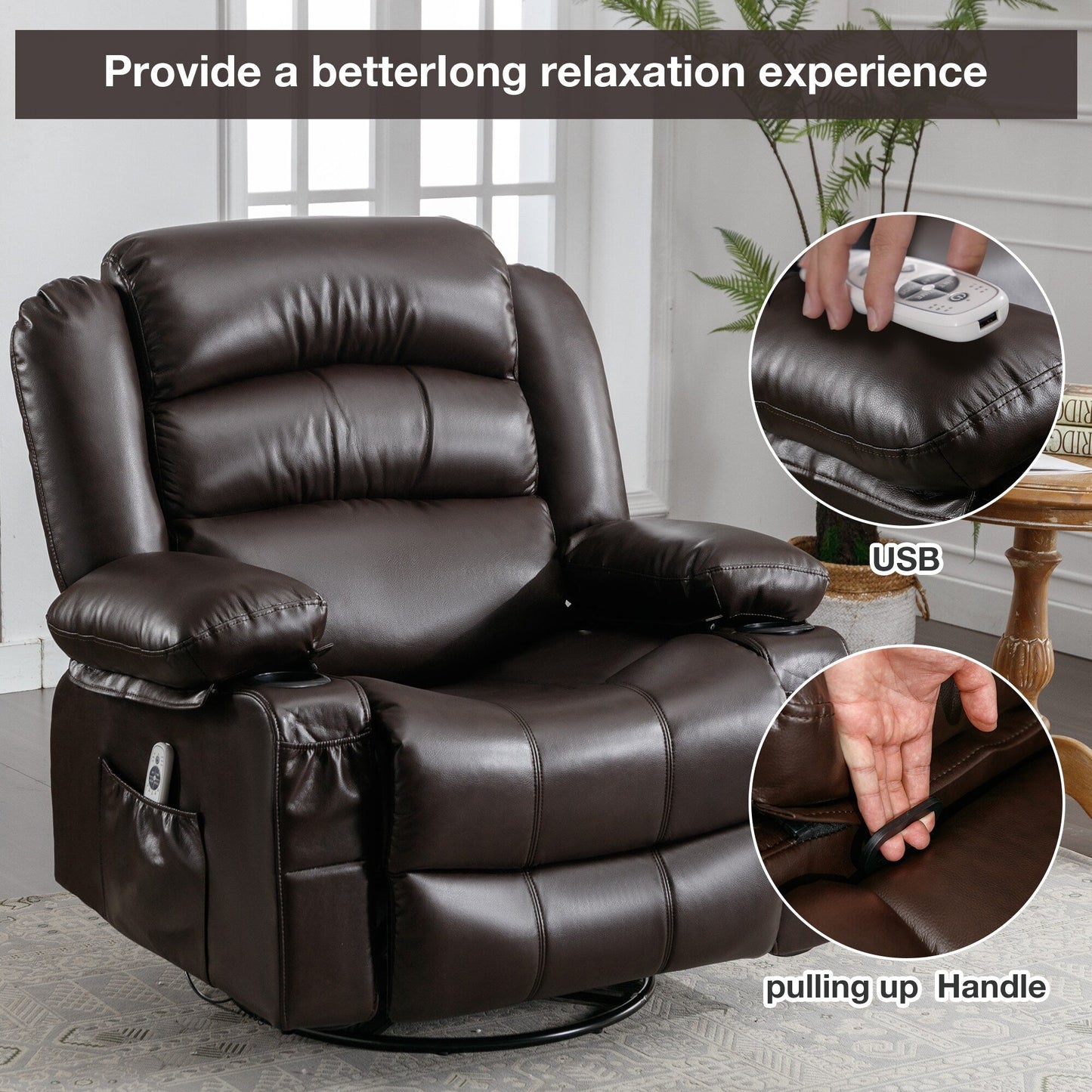 Black Swivel Rocker Recliner with Heat, Massage & USB Ports