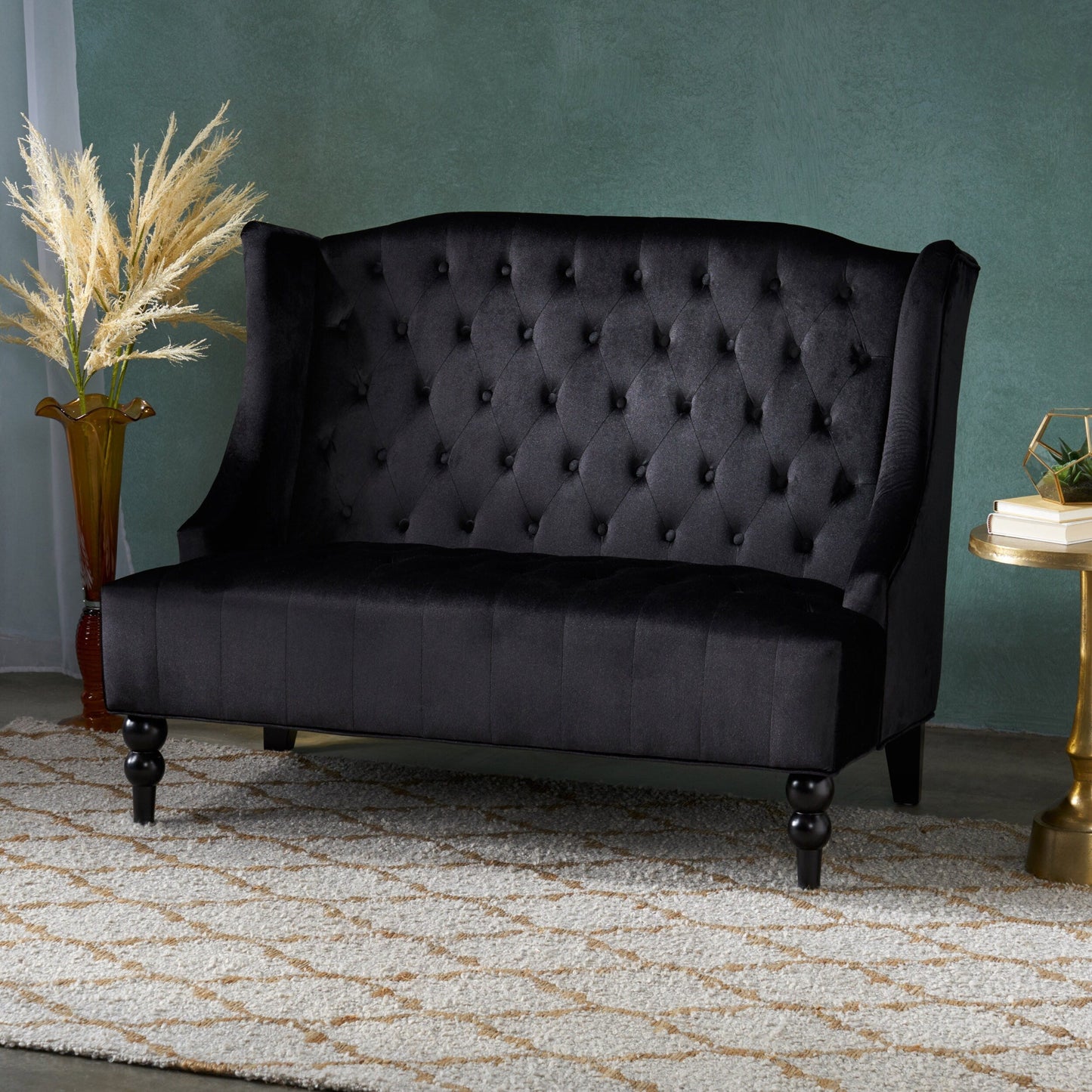 Black Velvet Button Tufted High Wingback Loveseat Sofa