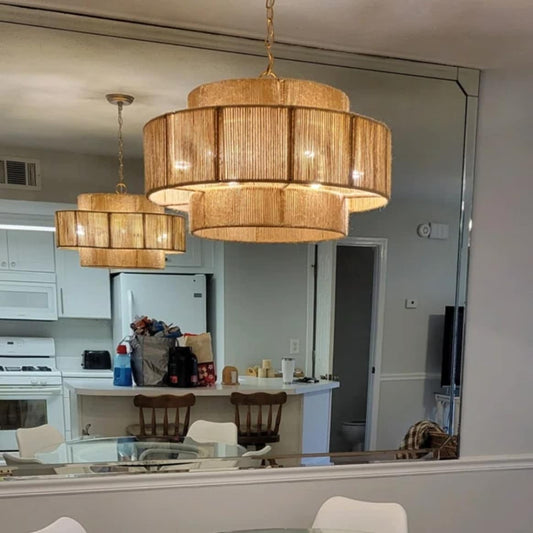 Bohemian Brown Hemp Rope Tiered Drum Chandelier Light - 23.62 W x 15.16H