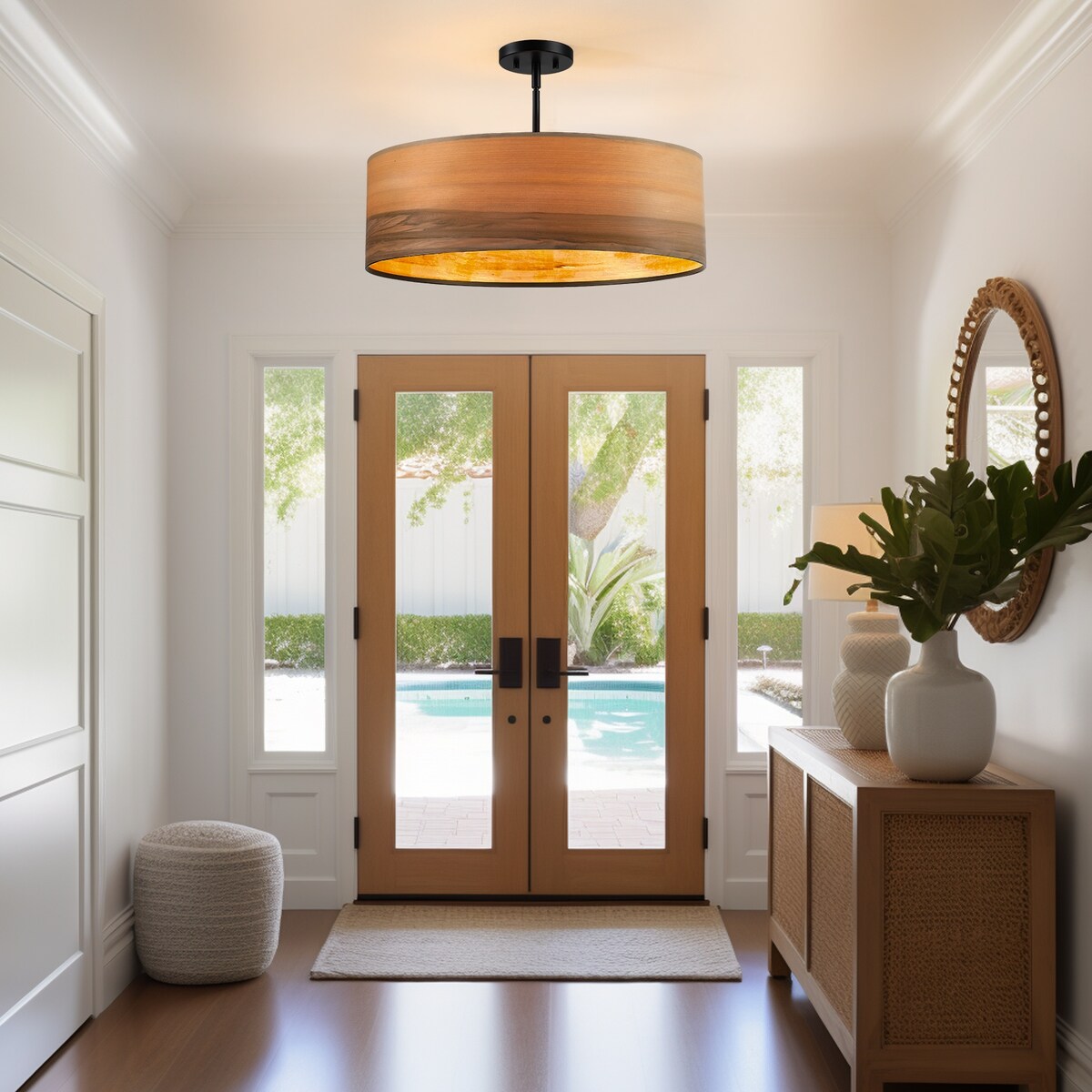 Breaux 4-Light Wood Veneer Drum Chandelier with Black Canopy - 22 in. W