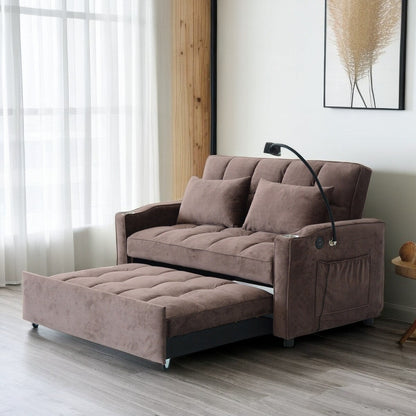 Brown Modern 54.33 Convertible Pullout Loveseat Sofa Bed with Reclining Backrest and Phone Holder