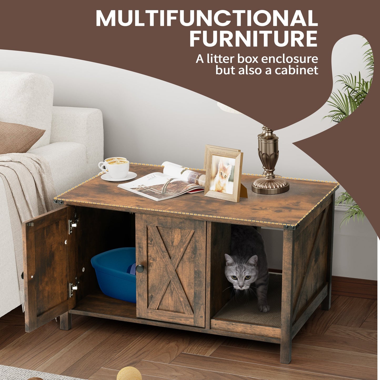 Cat Litter Box Enclosure, Hidden Wood Cat Washroom Furniture with Scratching Post