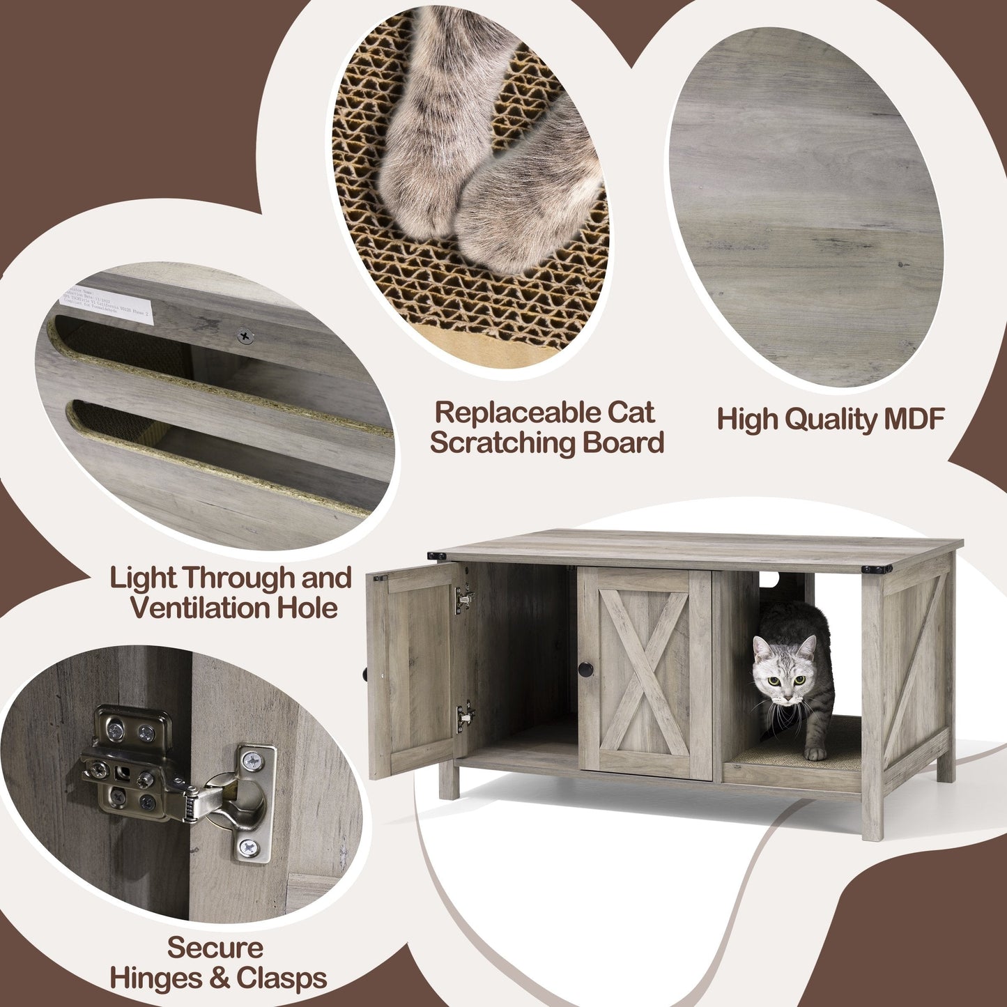 Cat Litter Box Enclosure, Hidden Wood Cat Washroom Furniture with Scratching Post
