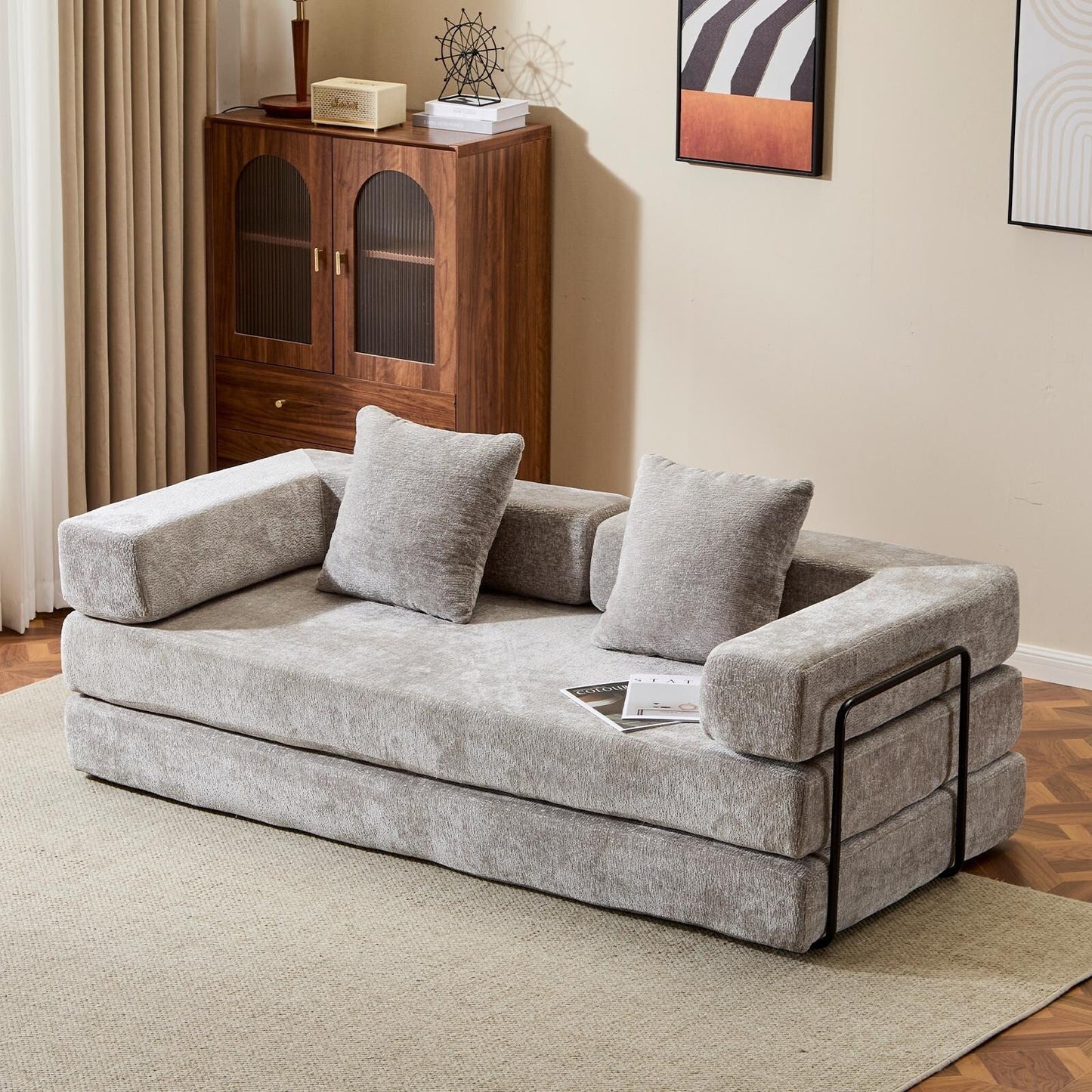 Convertible Floor Sofa Bed with Pillow Back Chenille Fabric for Living Room Bedroom