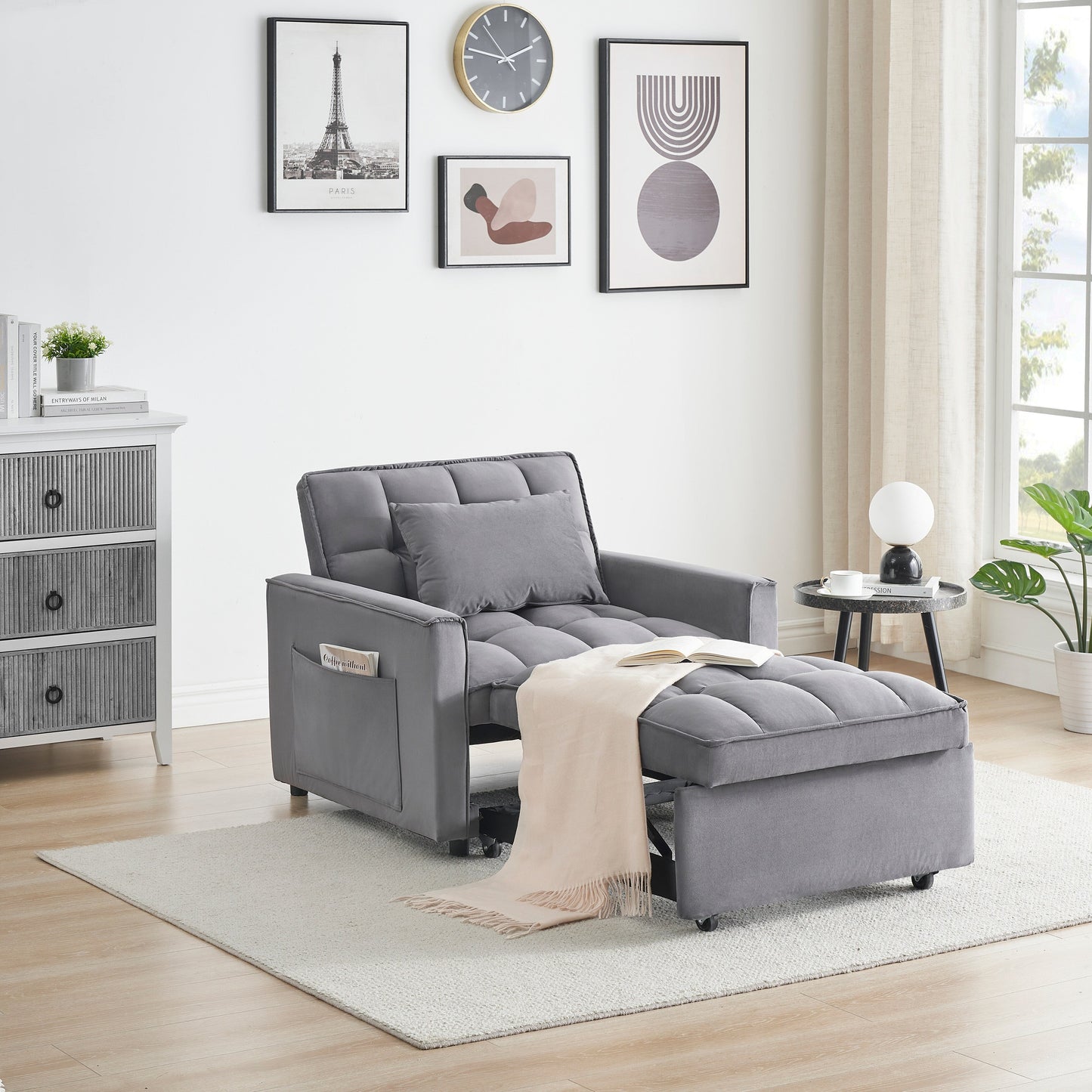 Convertible Sofa Bed with Adjustable Back and Wheel
