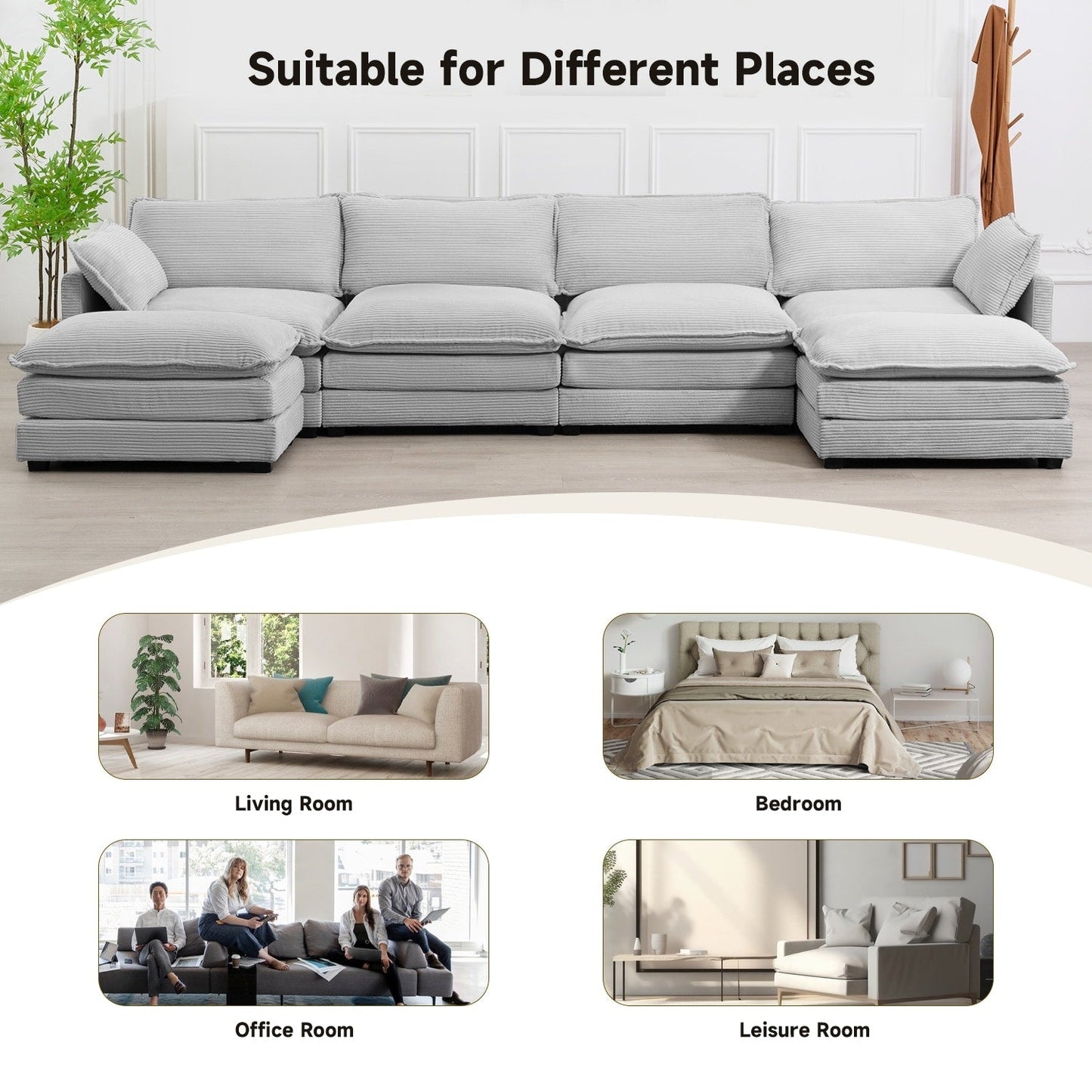 Corduroy Sectional Sofa with Removable Ottomans & Ultra-soft Cushions for Living Room & Bedroom