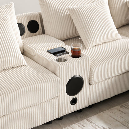 Corduroy Sectional Sofa with Bluetooth Speakers, USB Charger, Cup Holders, Storage, Ottoman, Deep and Wide Seat