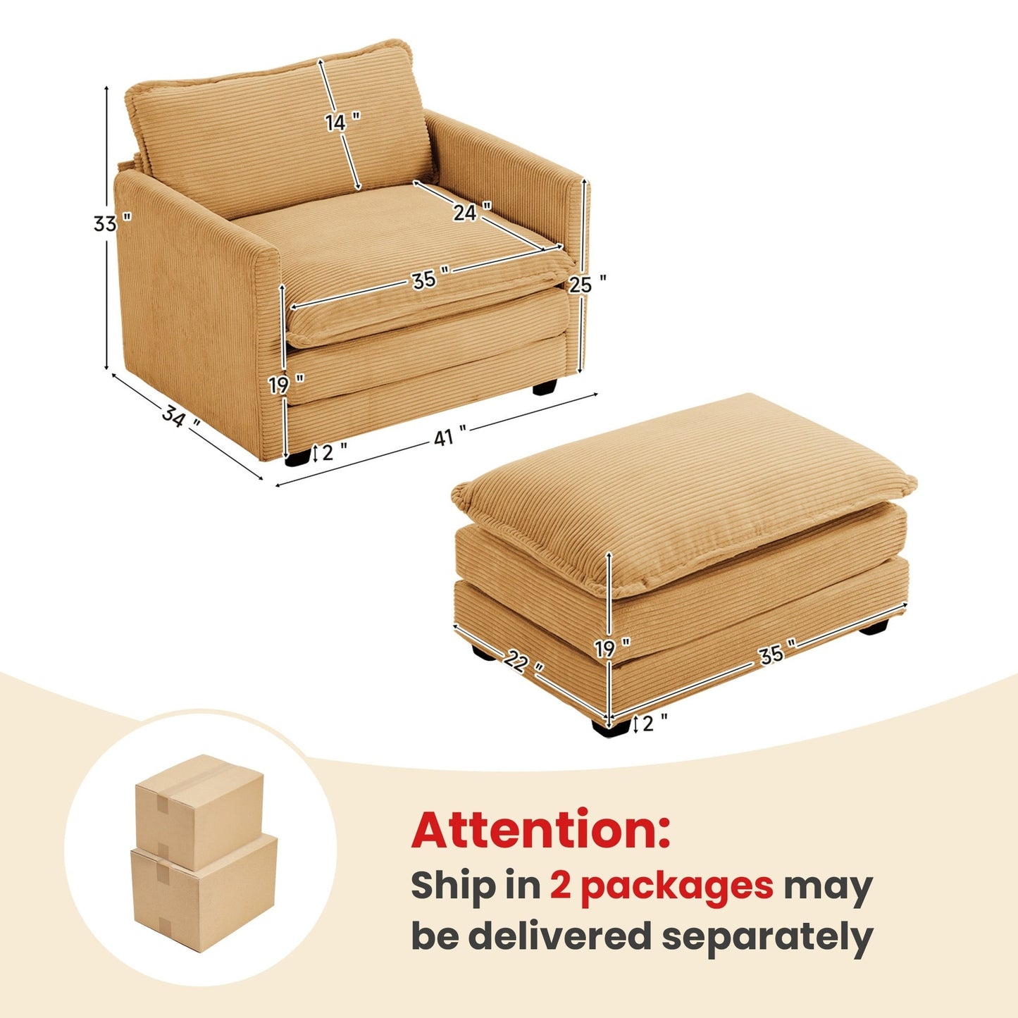 Corduroy Sectional Sofa with Removable Ottomans & Ultra-soft Cushions for Living Room & Bedroom