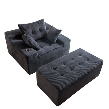 Corduroy Upholstered Memory Foam Sofa With Ottoman Upholstered Bean Bag Couch - 48.4Lx67.7Wx24.4H