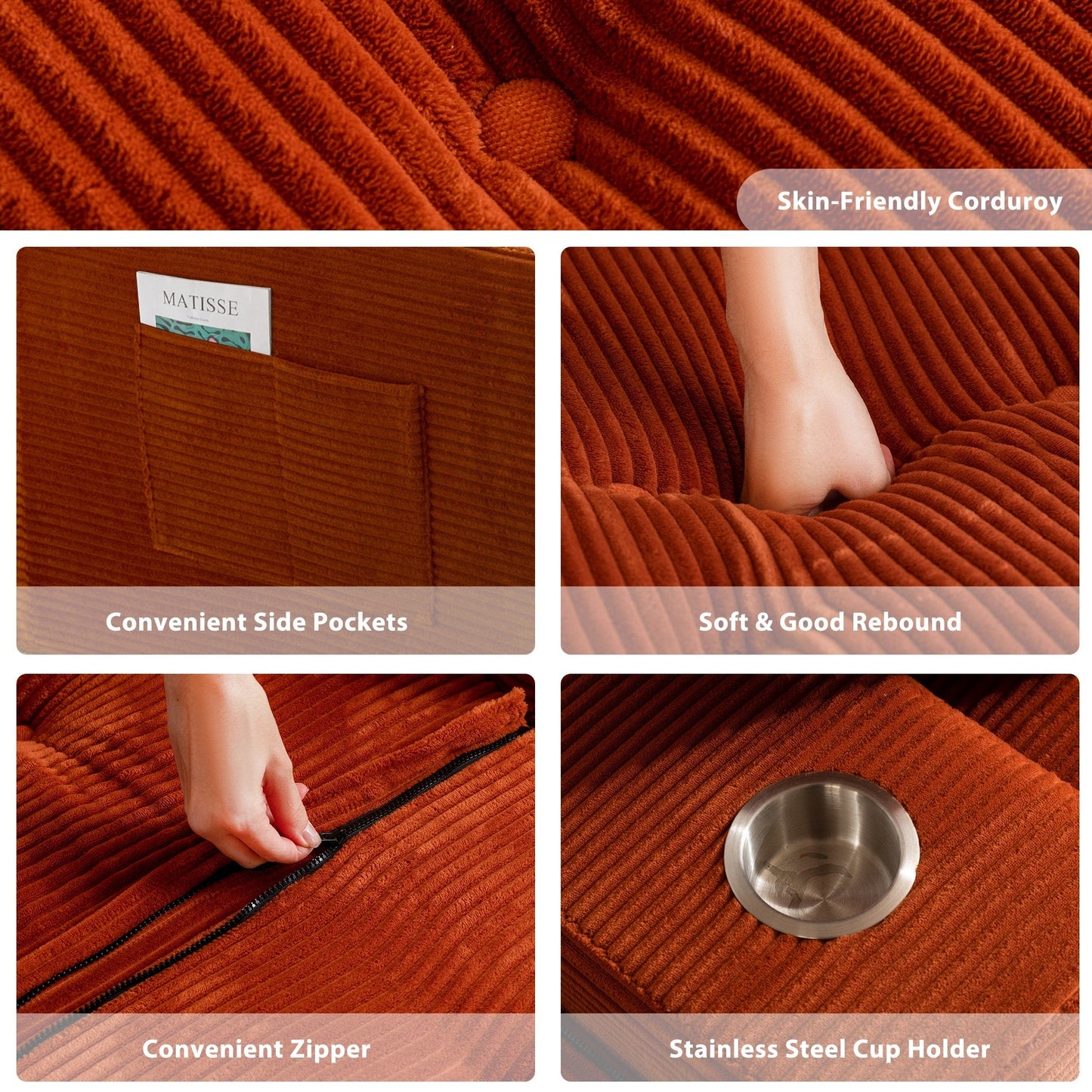 Corduroy Upholstered Memory Foam Sofa With Ottoman Upholstered Bean Bag Couch - 48.4Lx67.7Wx24.4H