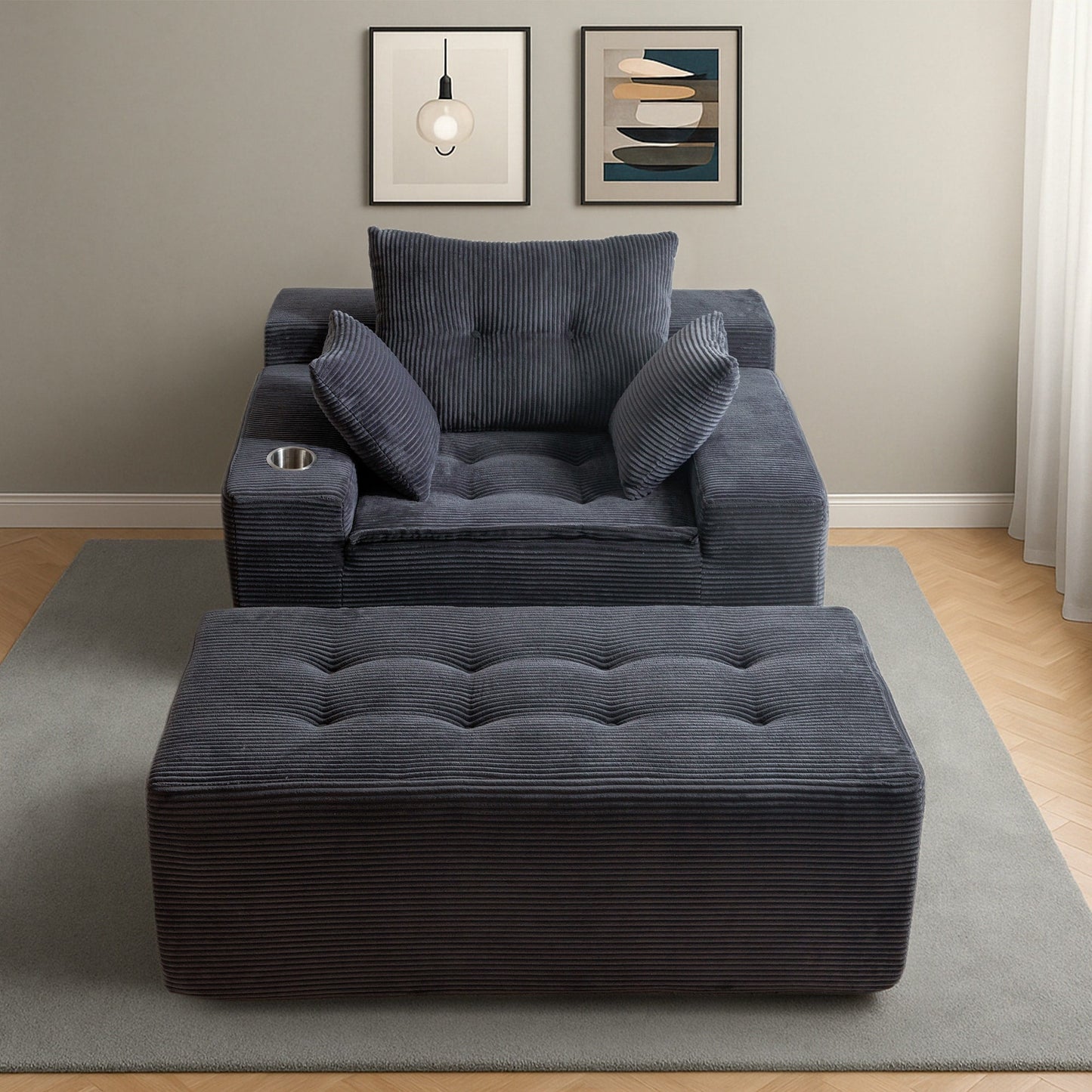 Corduroy Upholstered Memory Foam Sofa With Ottoman Upholstered Bean Bag Couch - 48.4Lx67.7Wx24.4H