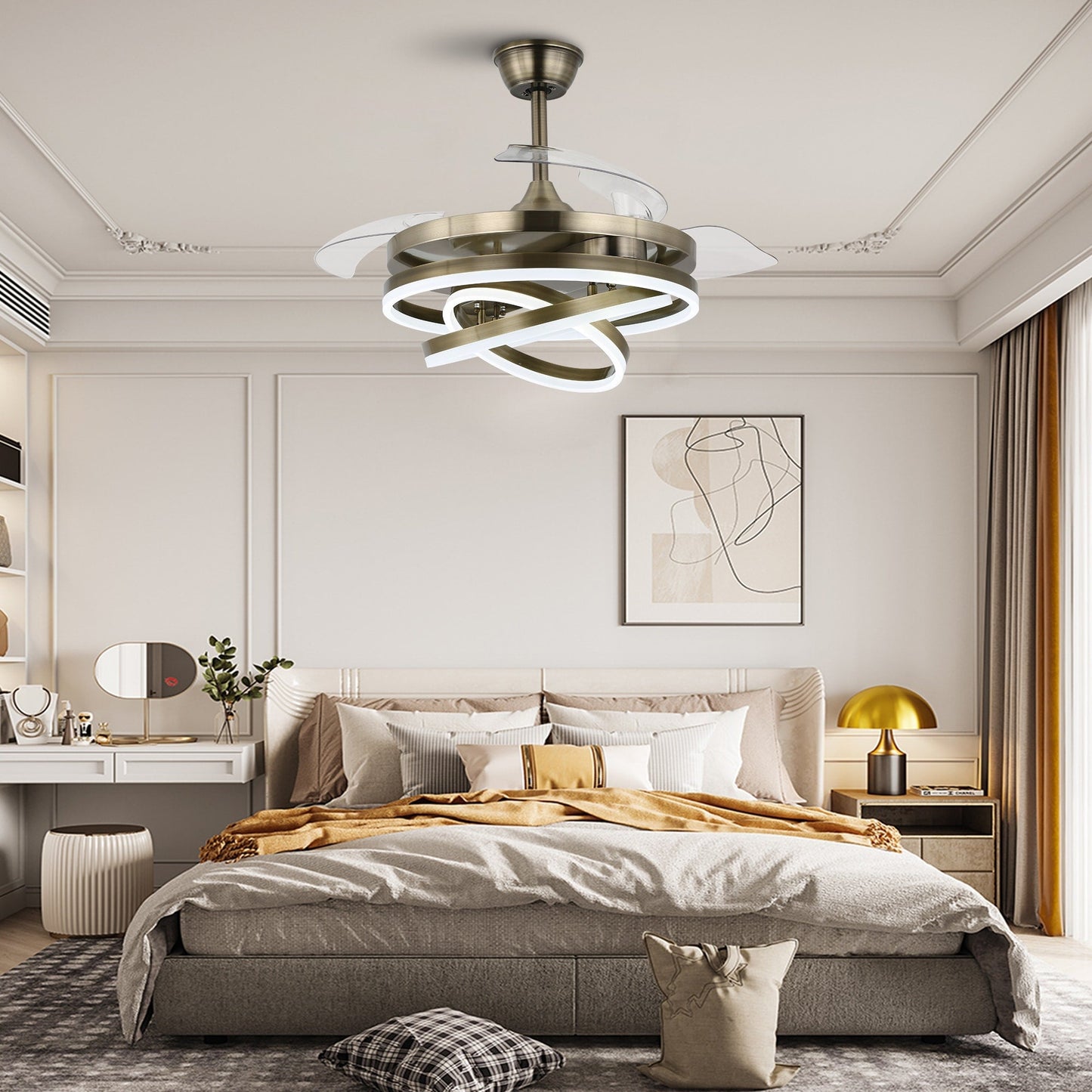 Cusp Barn 42 Retractable Ceiling Fan with Lights and Remote DIY Shape Fandelier Modern Silent DC Motor LED Ceiling Light