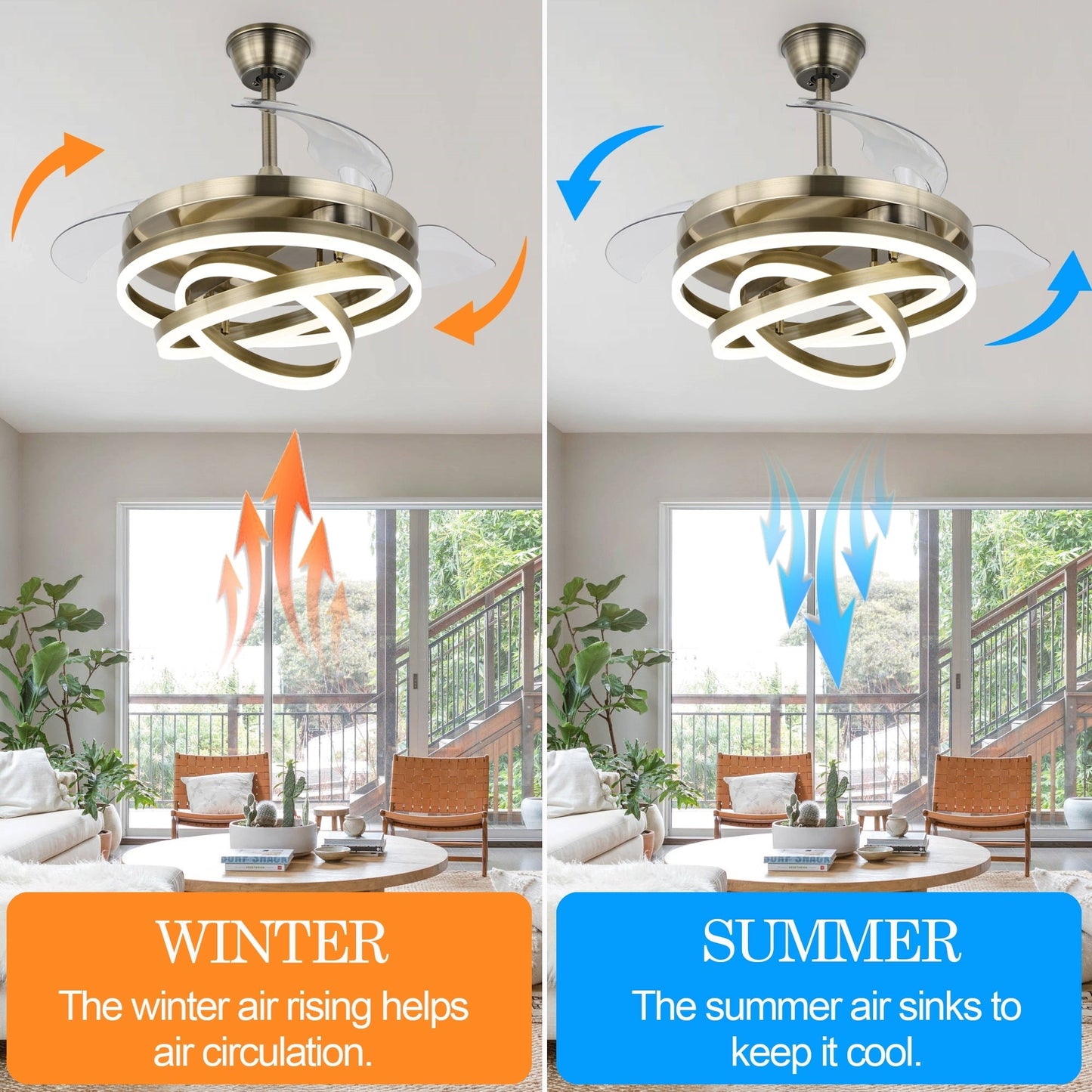 Cusp Barn 42 Retractable Ceiling Fan with Lights and Remote DIY Shape Fandelier Modern Silent DC Motor LED Ceiling Light