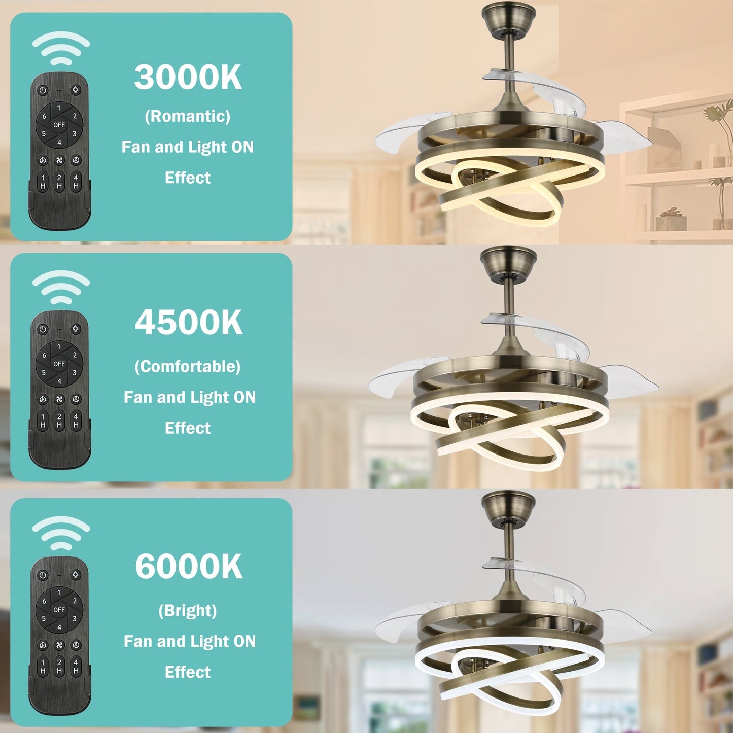 Cusp Barn 42 Retractable Ceiling Fan with Lights and Remote DIY Shape Fandelier Modern Silent DC Motor LED Ceiling Light