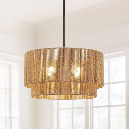 Cynthia 4-Light Natural Rattan Drum Chandelier Light - 22''W