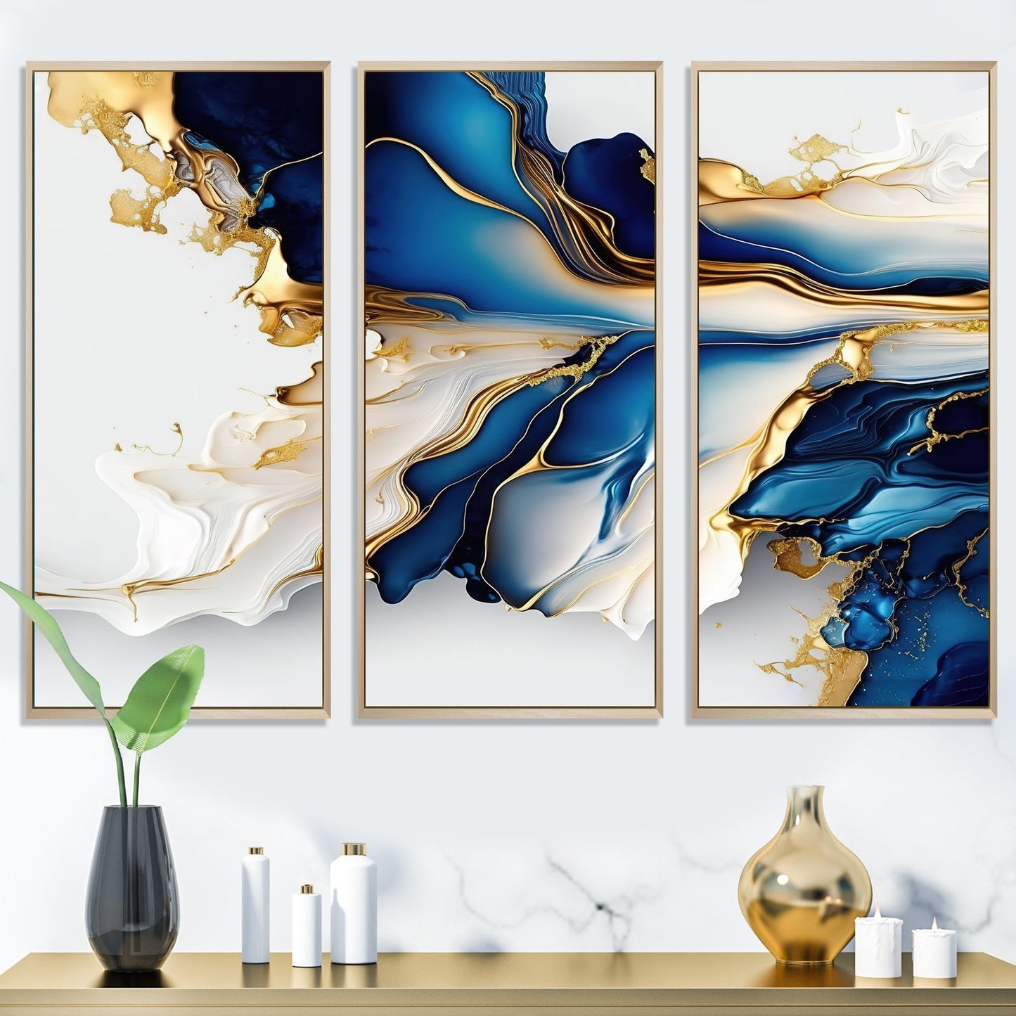 Designart Abstract Geode Gold And Blue Marble Shape III Modern Geometric Framed Canvas Art Print - 3 Panels