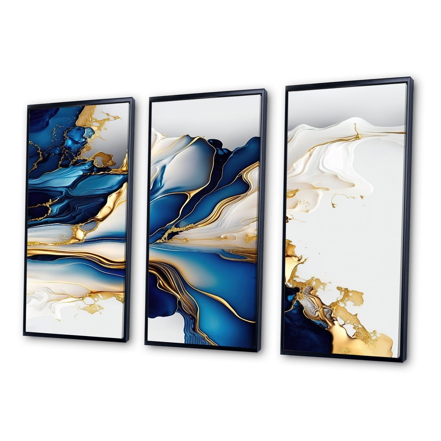 Designart Abstract Geode Gold And Blue Marble Shape III Modern Geometric Framed Canvas Art Print - 3 Panels
