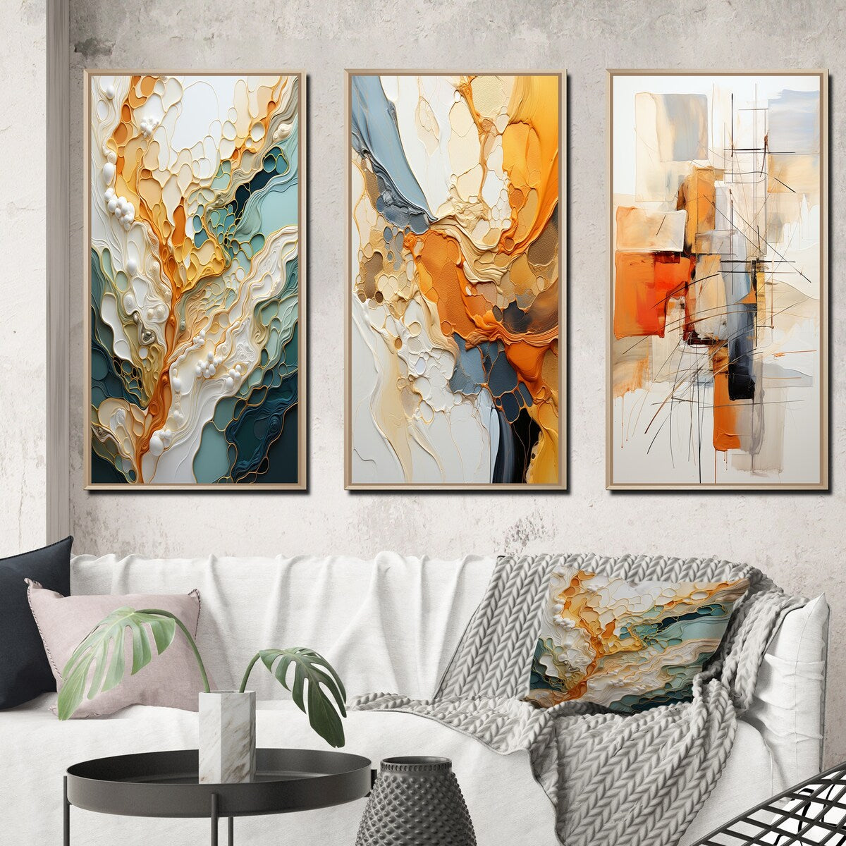 Designart Orange White Line Art Organic Abstraction Abstract Framed Wall Art Set Of 3 For Living Room Decor