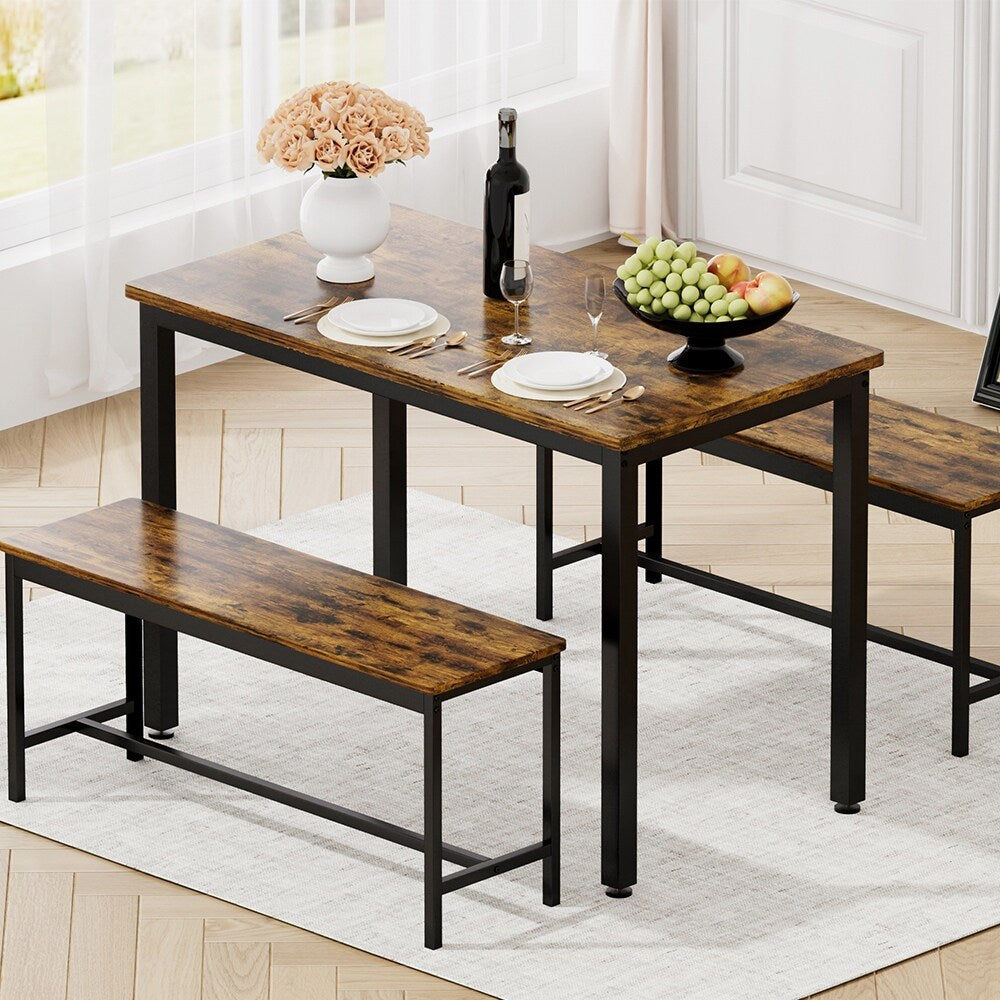 Dining Table Set, Wood Bar Table Set, Kitchen Table w/2 Benches - 3-Piece
