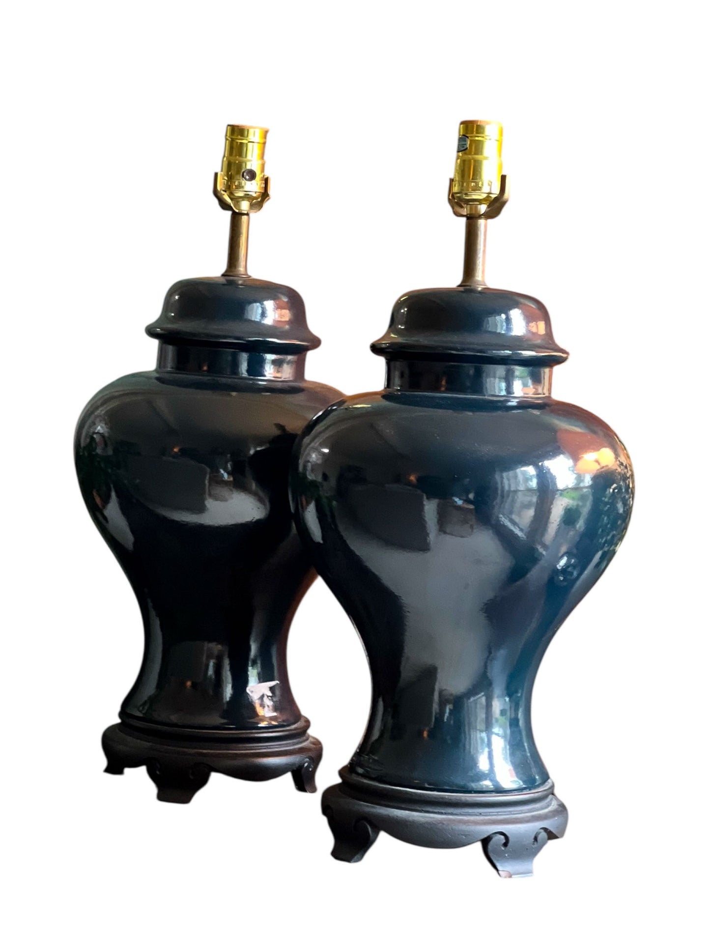 Pair of Vintage Navy Porcelain Lamps - wood