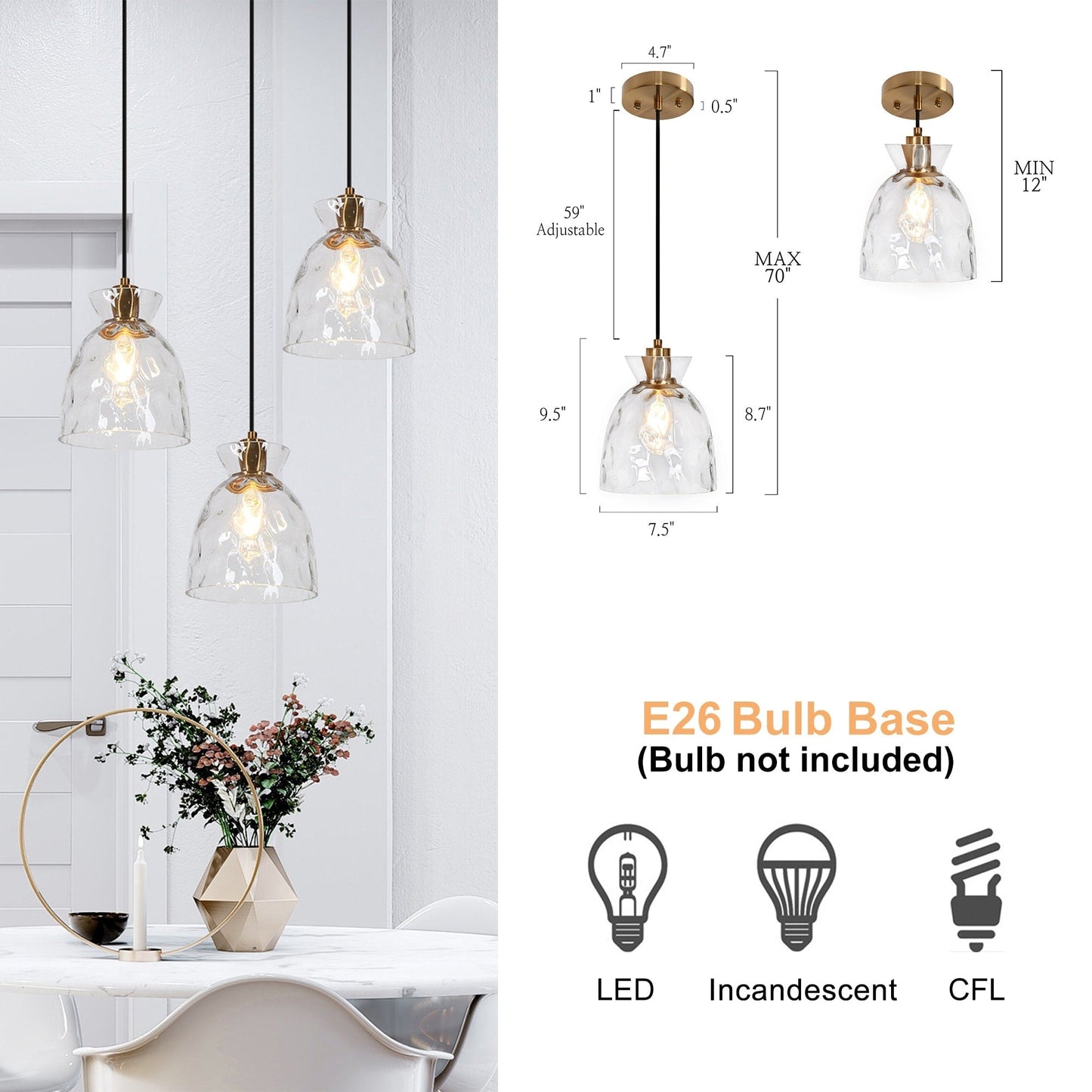 Elisie Mid-century Modern Pendant Light 1-Light Waterfall Glass Hammered Dome Kitchen Island Lighting Dining Room