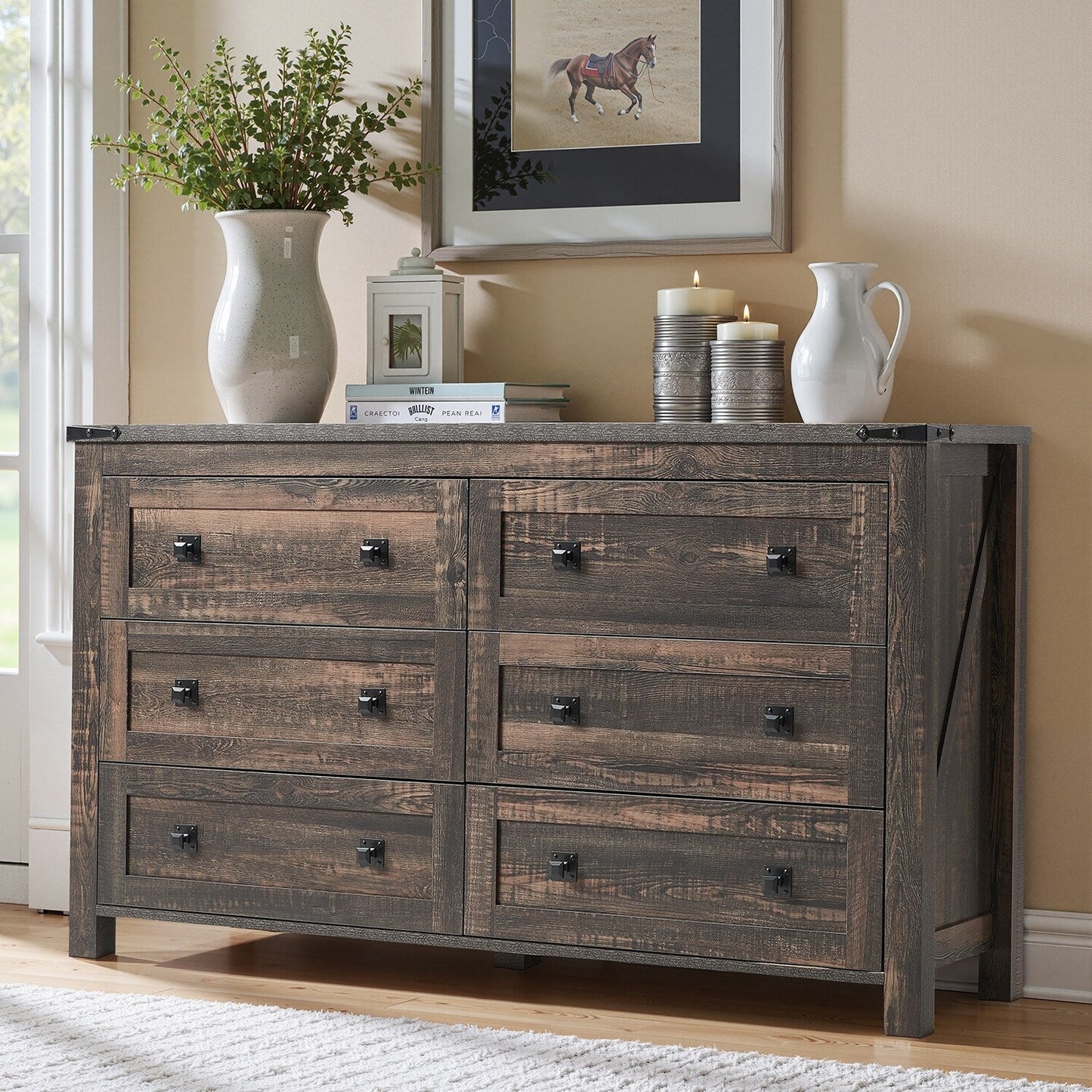 Farmhouse 6 Drawer Dresser, Wood TV Stand, Chest of Drawers