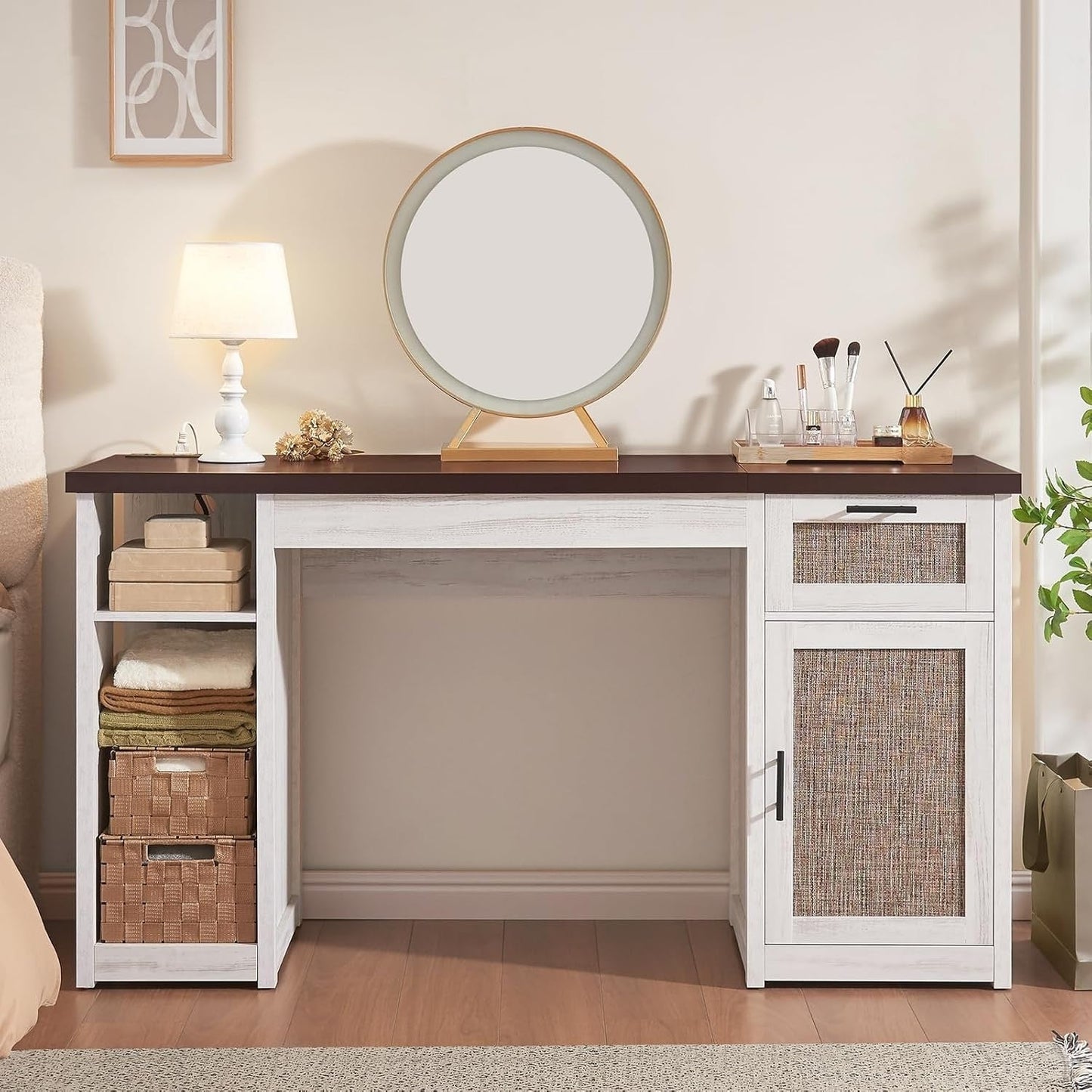 Farmhouse Executive Desk Home Office Desk File Drawer Monitor Stand Power Outlet