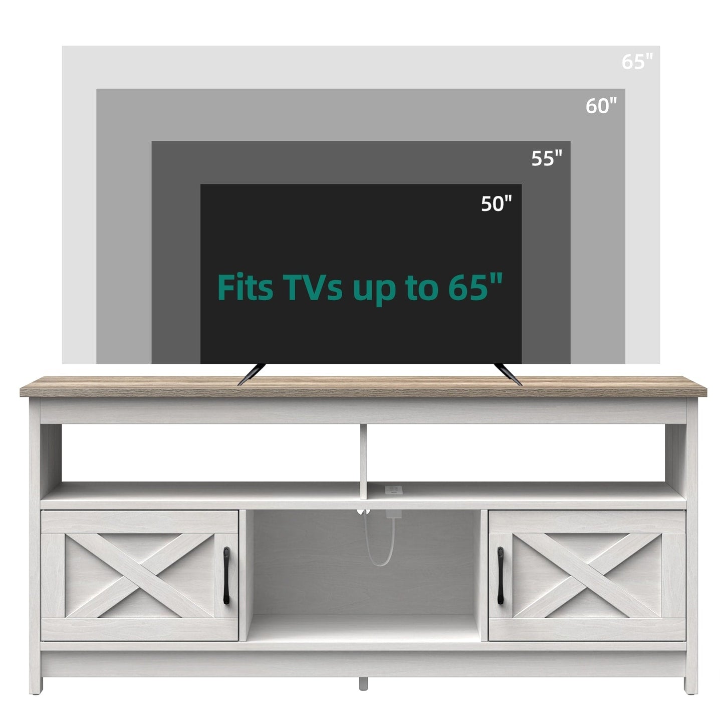 Farmhouse TV Stand for up to 65 TV with Doors and Open Shelves Media Console Power Outlet