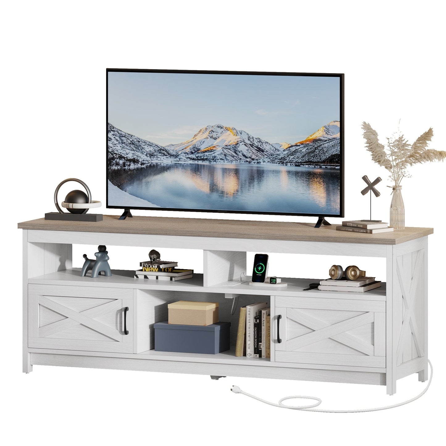 Farmhouse TV Stand for up to 65 TV with Doors and Open Shelves Media Console Power Outlet
