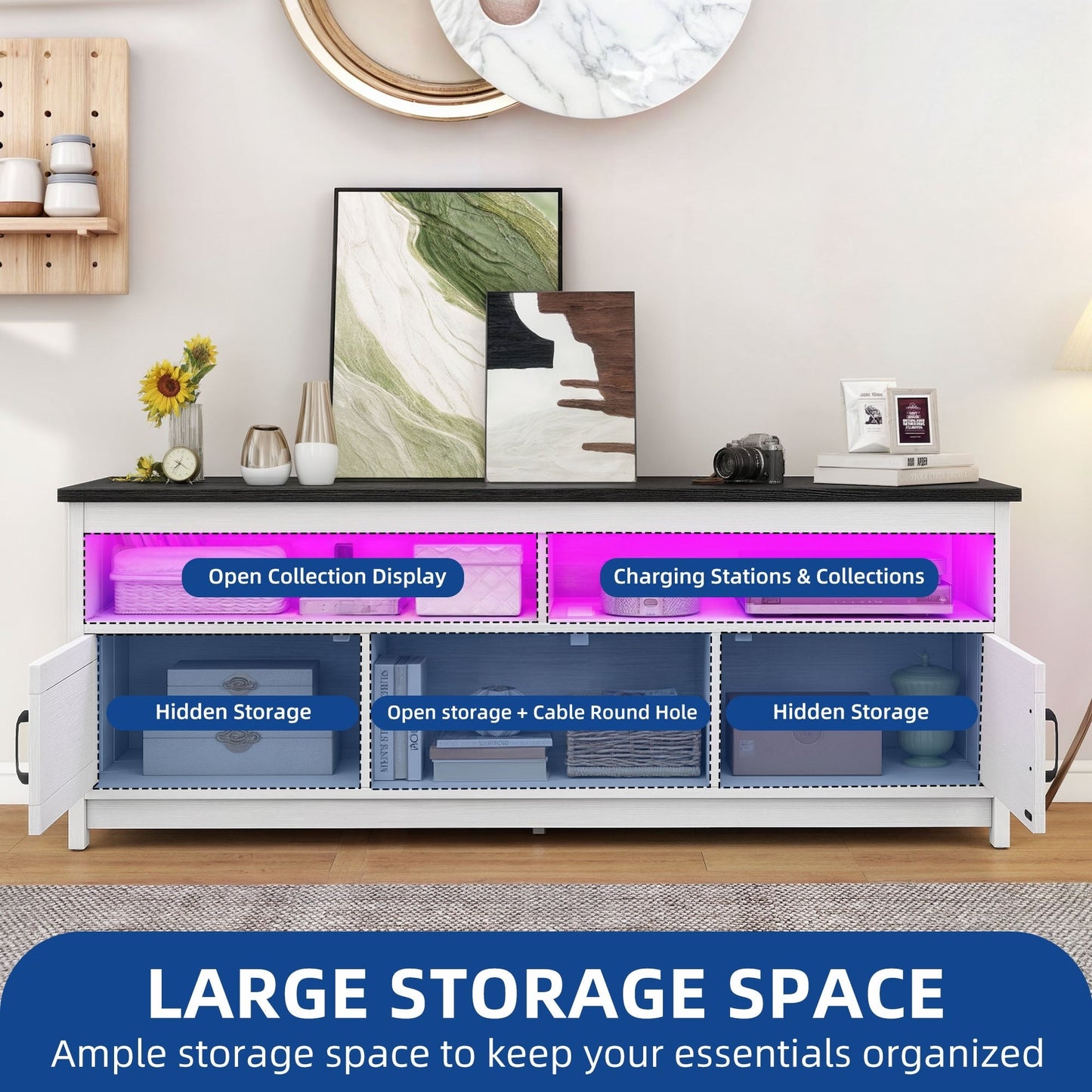 Farmhouse TV Stand for up to 65 TV with Doors and Open Shelves Media Console Power Outlet