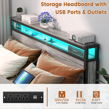 Farmhouse Wood Platform Bed Frame with Charged Station and LED Lights