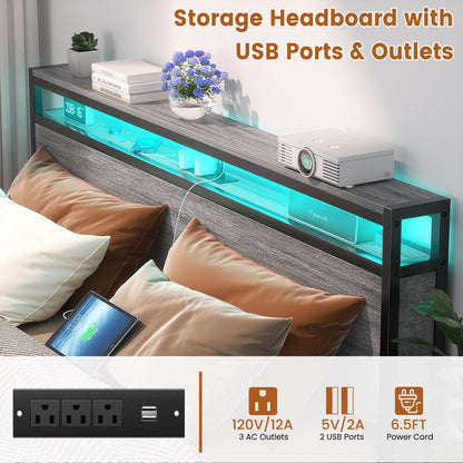 Farmhouse Wood Platform Bed Frame with Charged Station and LED Lights